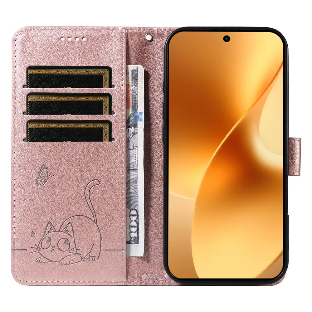 For Realme 15 Pro 5G / Realme 15 5G Case Cat Pattern Imprint Leather Phone Cover with Wrist Strap - Rose Gold - 2