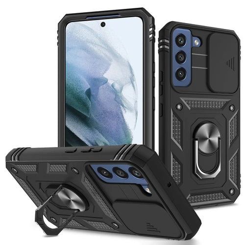 For Samsung Galaxy S21 FE 5G Anti-scratch Phone Case Card Holder with Sliding Camera Lid Kickstand PC+TPU Protective Back Cover - Black - 1