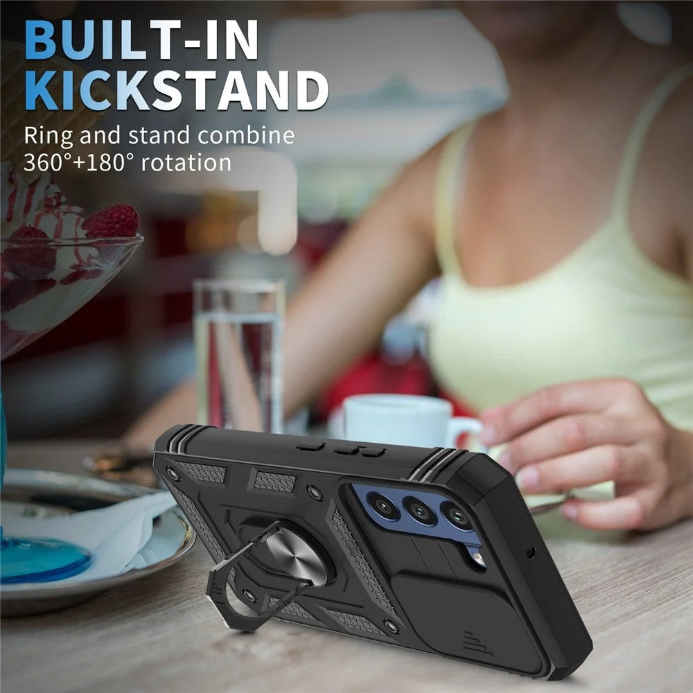 For Samsung Galaxy S21 FE 5G Anti-scratch Phone Case Card Holder with Sliding Camera Lid Kickstand PC+TPU Protective Back Cover - Black - 2