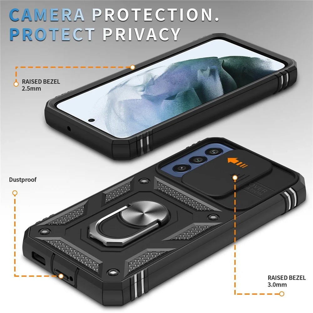 For Samsung Galaxy S21 FE 5G Anti-scratch Phone Case Card Holder with Sliding Camera Lid Kickstand PC+TPU Protective Back Cover - Black - 4