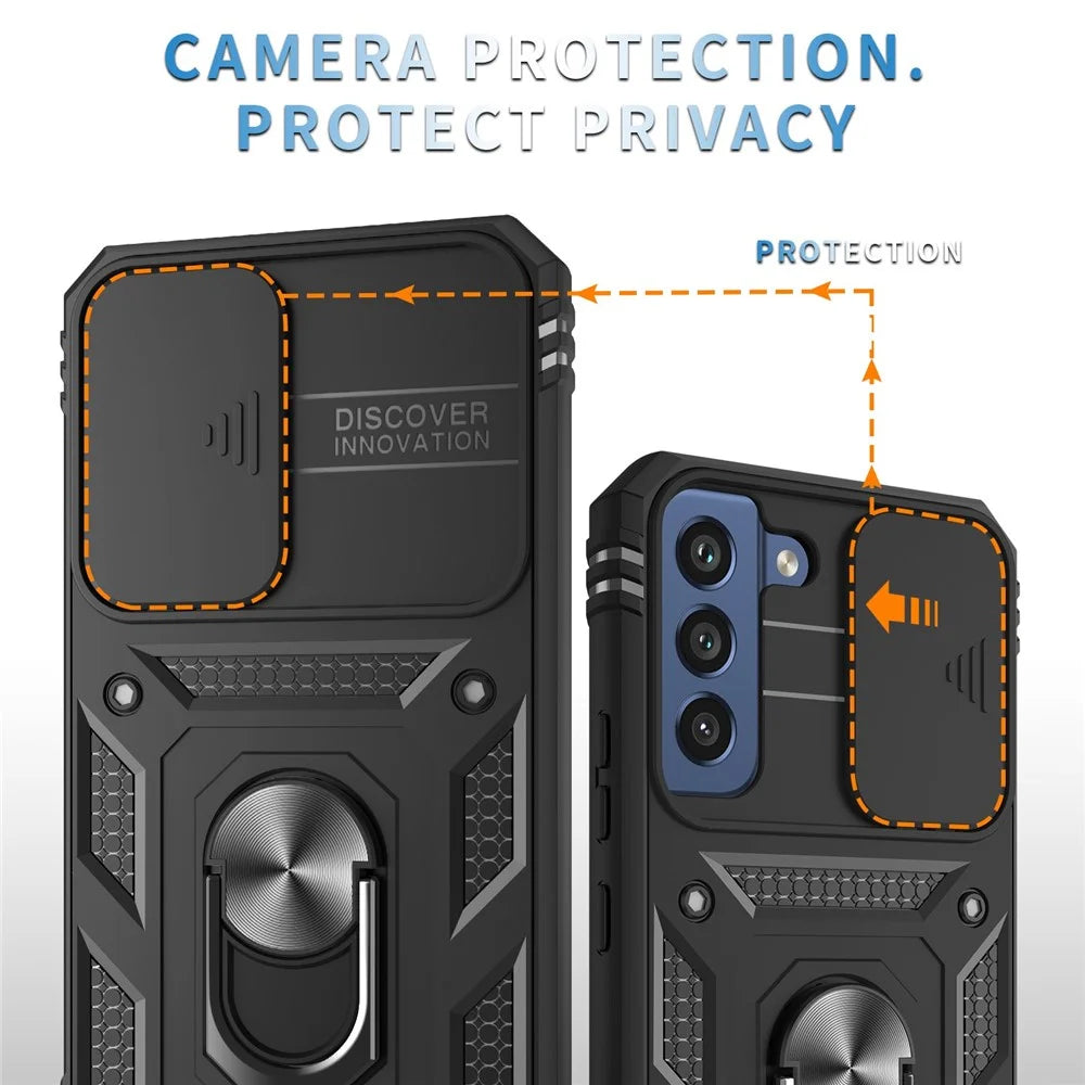 For Samsung Galaxy S21 FE 5G Anti-scratch Phone Case Card Holder with Sliding Camera Lid Kickstand PC+TPU Protective Back Cover - Black - 5