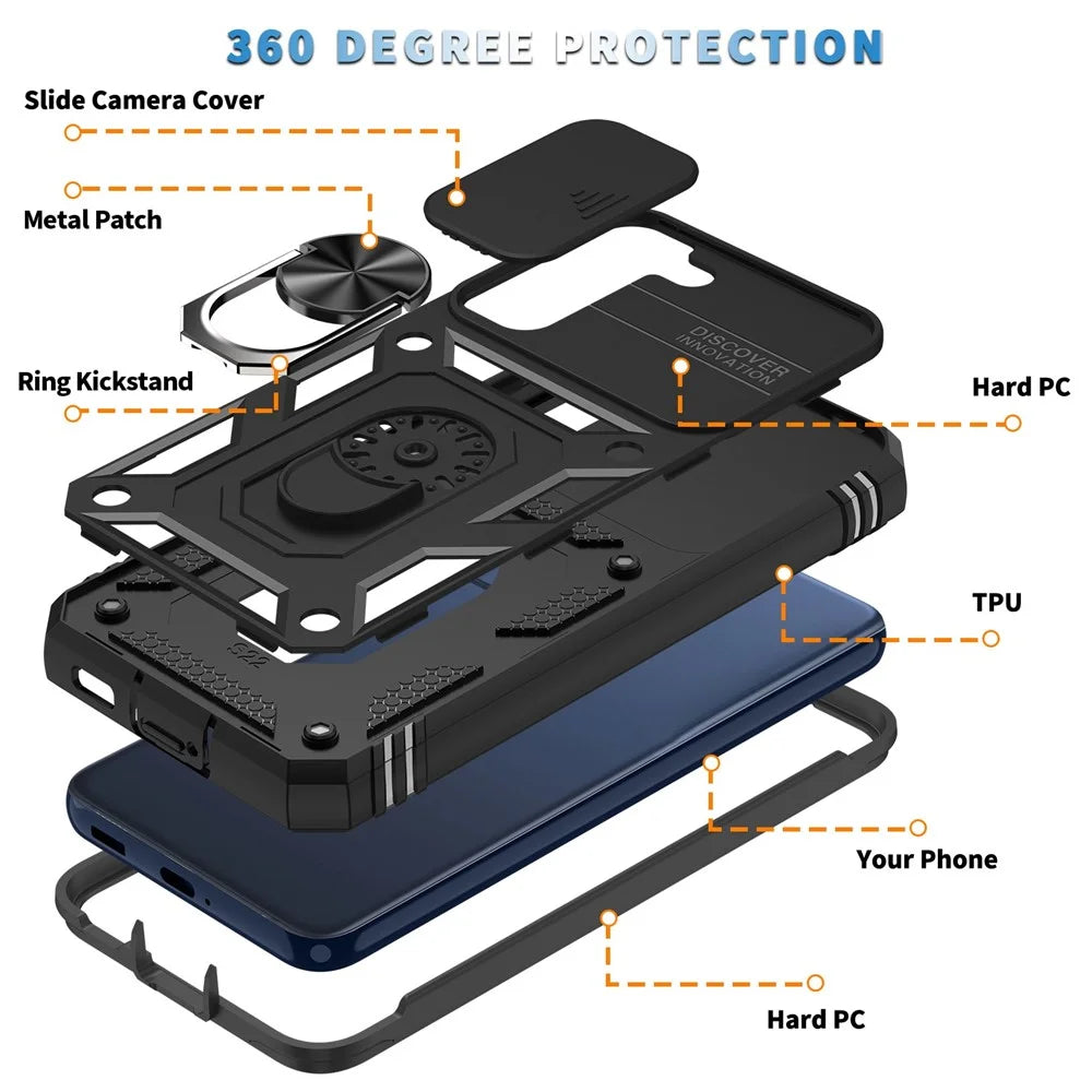 For Samsung Galaxy S21 FE 5G Anti-scratch Phone Case Card Holder with Sliding Camera Lid Kickstand PC+TPU Protective Back Cover - Black - 6