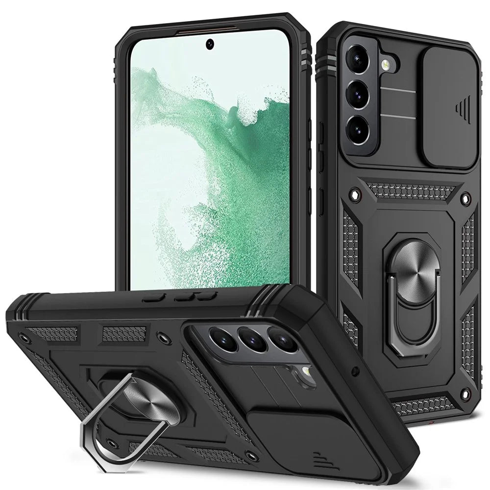 Anti-fall Phone Cover Kickstand For Samsung Galaxy S22+ 5G, Anti-scratch Phone Case Card Holder with Sliding Camera Lid - Black - 1