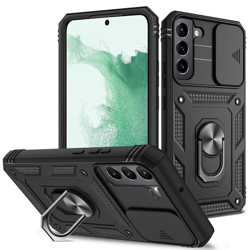 Anti-fall Phone Cover Kickstand For Samsung Galaxy S22+ 5G, Anti-scratch Phone Case Card Holder with Sliding Camera Lid - Black - 1