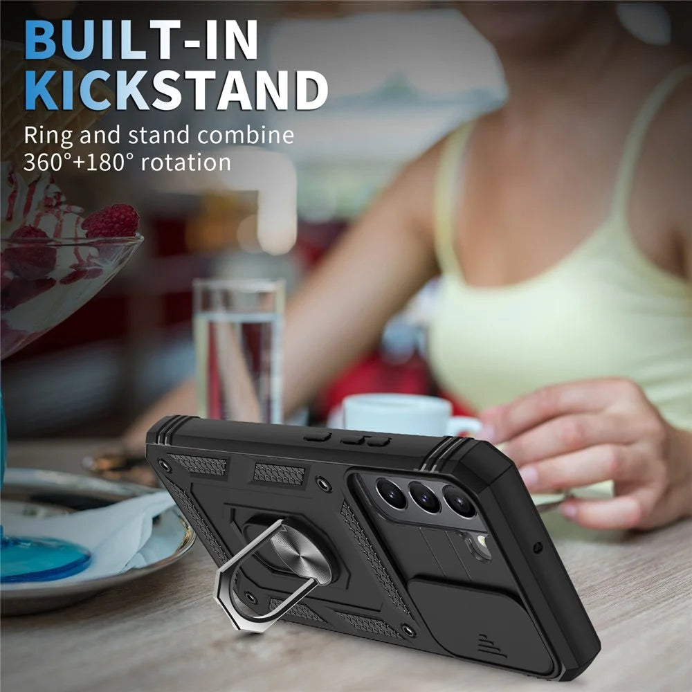 Anti-fall Phone Cover Kickstand For Samsung Galaxy S22+ 5G, Anti-scratch Phone Case Card Holder with Sliding Camera Lid - Black - 2