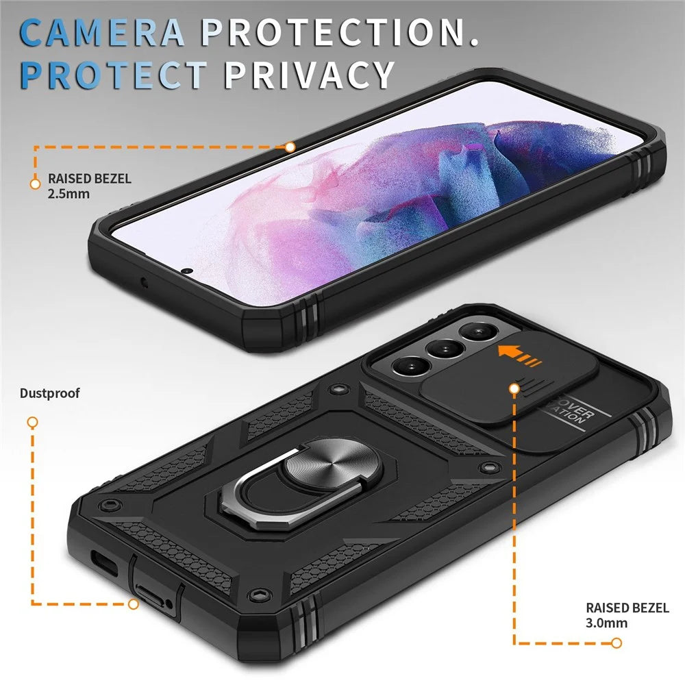 Anti-fall Phone Cover Kickstand For Samsung Galaxy S22+ 5G, Anti-scratch Phone Case Card Holder with Sliding Camera Lid - Black - 3