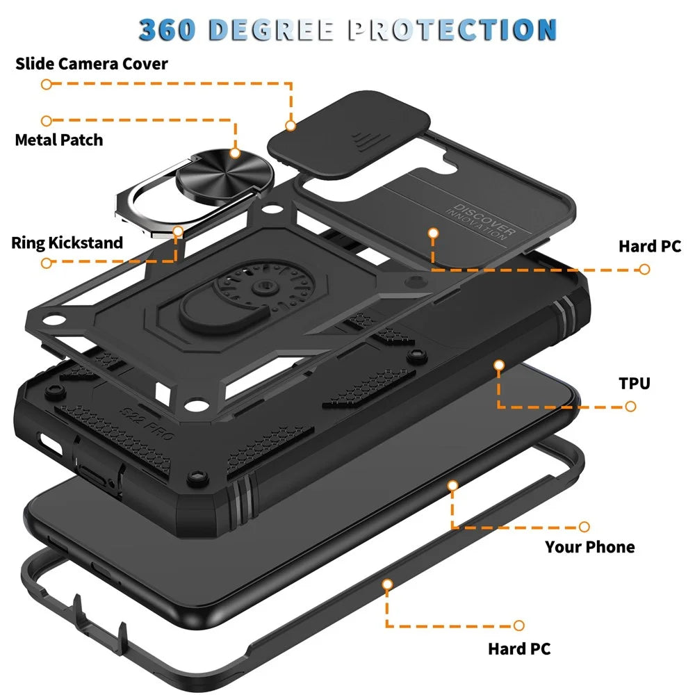 Anti-fall Phone Cover Kickstand For Samsung Galaxy S22+ 5G, Anti-scratch Phone Case Card Holder with Sliding Camera Lid - Black - 4