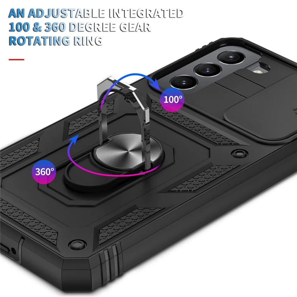 Anti-fall Phone Cover Kickstand For Samsung Galaxy S22+ 5G, Anti-scratch Phone Case Card Holder with Sliding Camera Lid - Black - 5