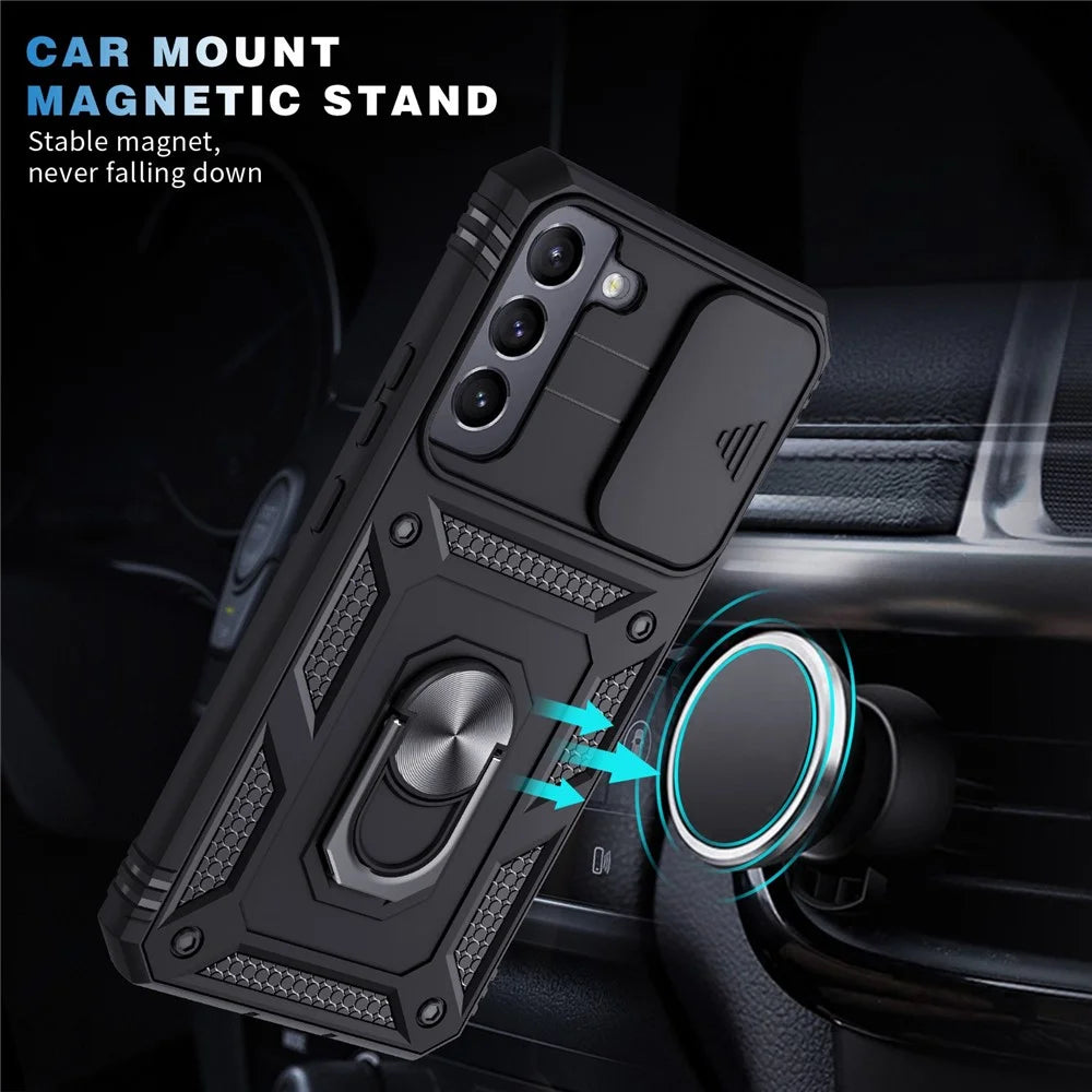 Anti-fall Phone Cover Kickstand For Samsung Galaxy S22+ 5G, Anti-scratch Phone Case Card Holder with Sliding Camera Lid - Black - 6