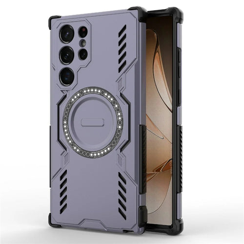 For Samsung Galaxy S22 Ultra 5G Magnetic Case Butterfly Armor Hollow Heat Dissipation PC + TPU Phone Cover - Purple - 1