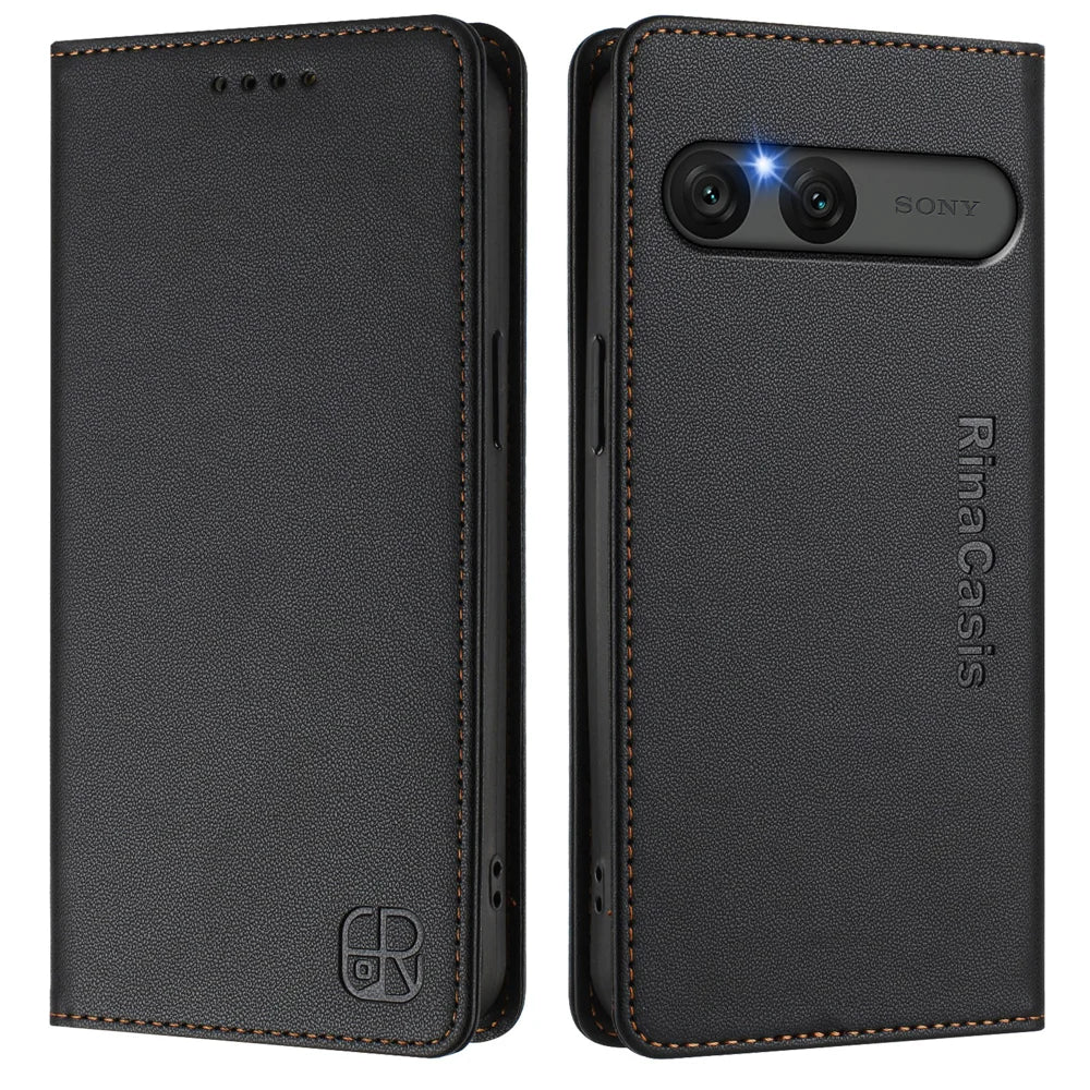 For Sony Xperia 10 VII Leather Case RINACASIS RC01 Phone Cover with RFID Blocking Wallet Stand - Black - 1