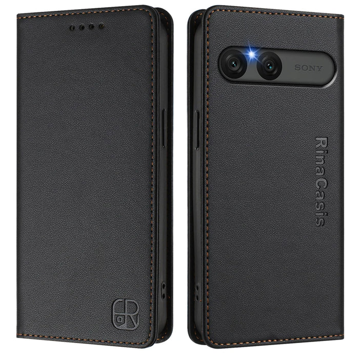 For Sony Xperia 10 VII Leather Case RINACASIS RC01 Phone Cover with RFID Blocking Wallet Stand - Black - 1