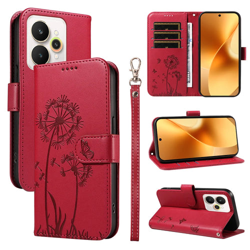 For Realme 15 Pro 5G / Realme 15 5G Leather Wallet Case with Strap Dandelion Imprint Phone Stand Cover - Red - 1