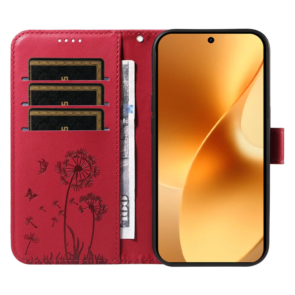 For Realme 15 Pro 5G / Realme 15 5G Leather Wallet Case with Strap Dandelion Imprint Phone Stand Cover - Red - 2