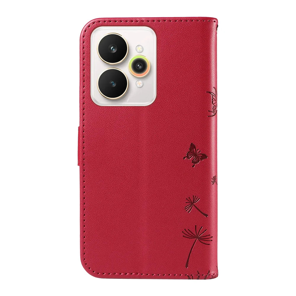 For Realme 15 Pro 5G / Realme 15 5G Leather Wallet Case with Strap Dandelion Imprint Phone Stand Cover - Red - 7