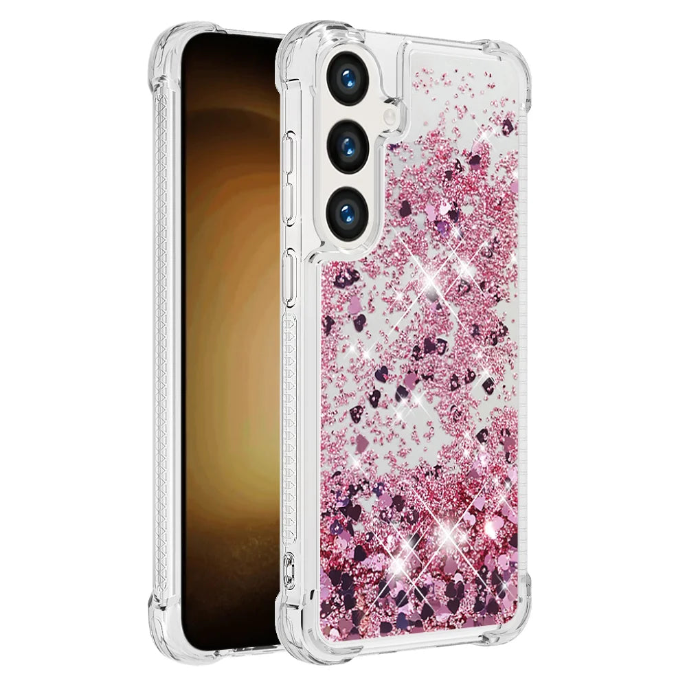 For Samsung Galaxy S26 FE / S25 FE TPU Case Glitter Quicksand Shockproof Phone Back Cover - Rose Gold / Hearts - 1