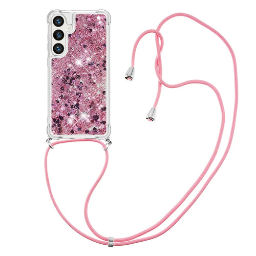 For Samsung Galaxy S26 FE / S25 FE TPU Case Quicksand Phone Cover with Lanyard - Rose Gold / Hearts - 1