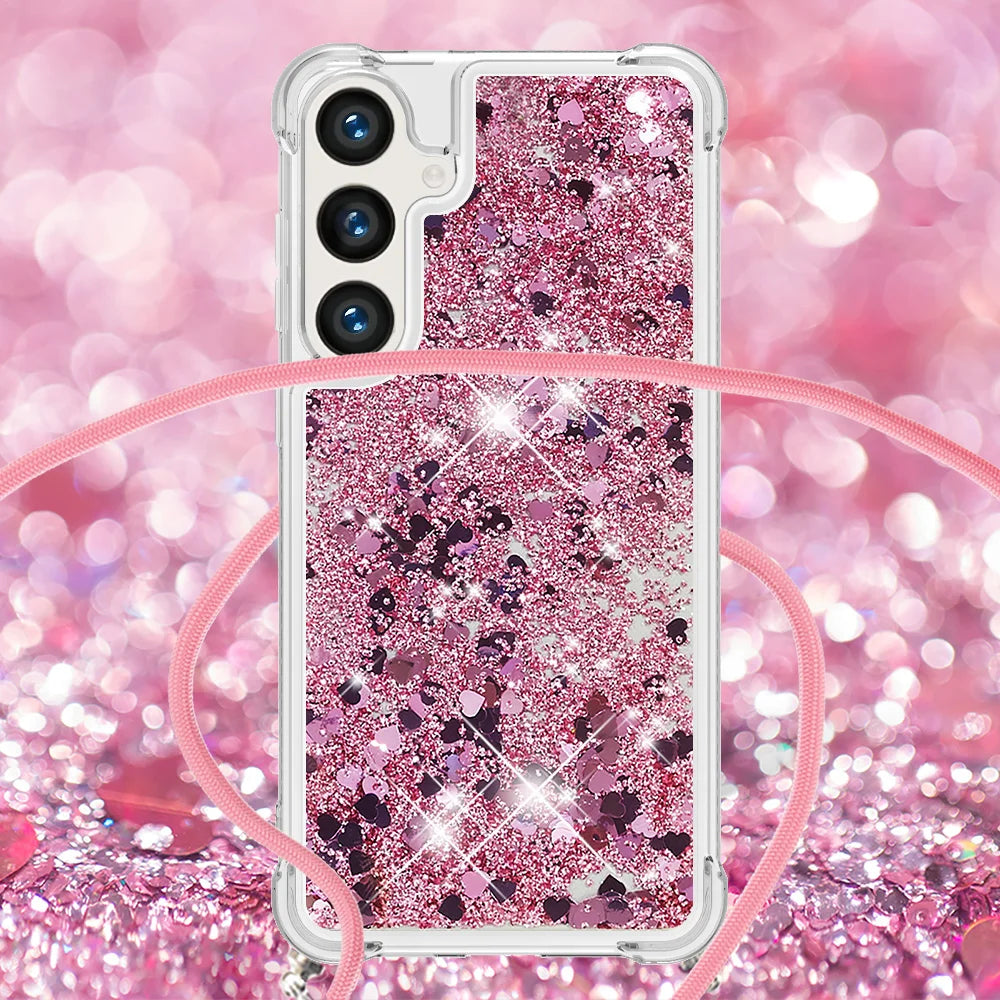 For Samsung Galaxy S26 FE / S25 FE TPU Case Quicksand Phone Cover with Lanyard - Rose Gold / Hearts - 4