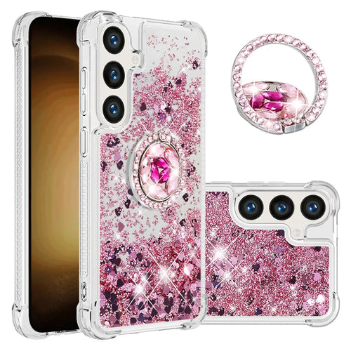 For Samsung Galaxy S26 FE / S25 FE TPU Case with Kickstand Quicksand Shockproof Cover - Rose Gold / Hearts - 1