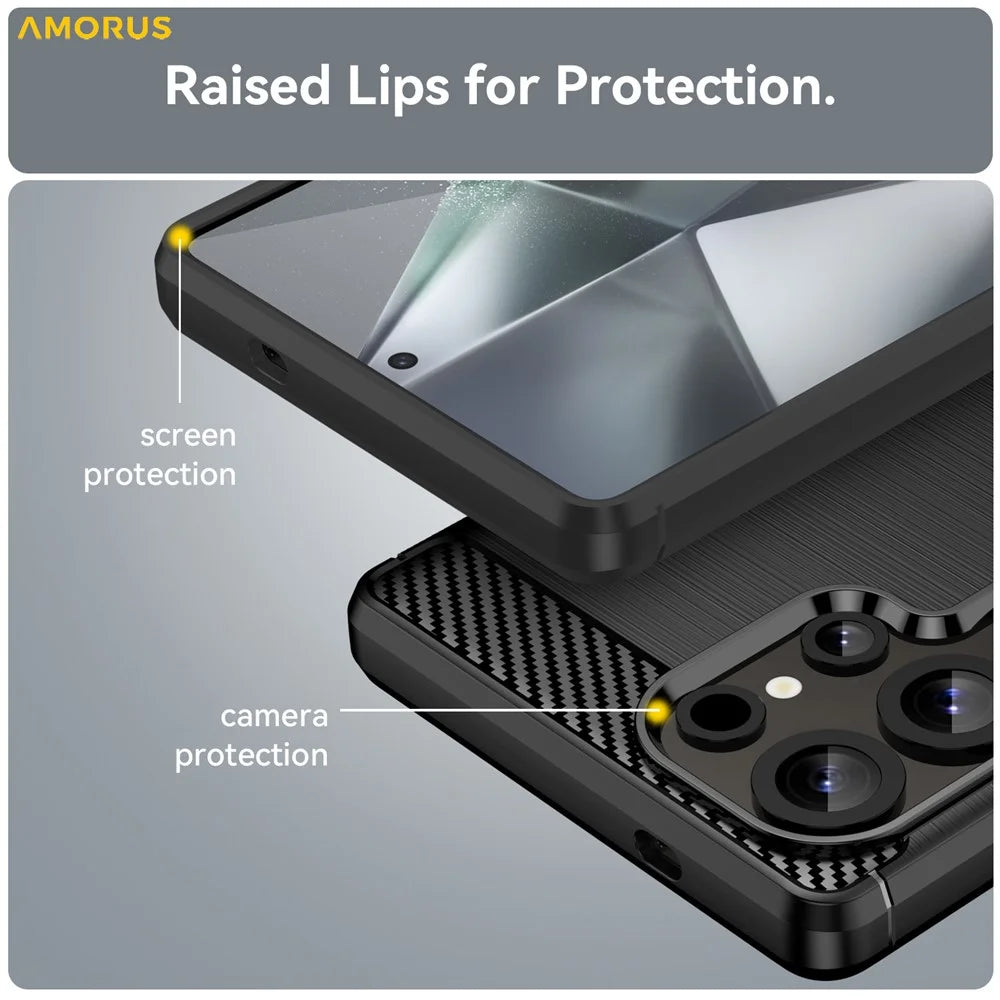 AMORUS For Samsung Galaxy S25 Ultra Case Carbon Fiber Texture Brushed Protective Phone Cover - Black - 5