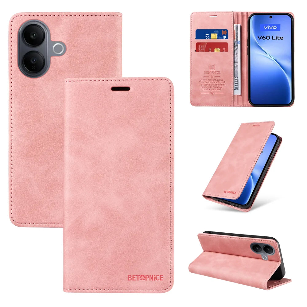 BETOPNICE For vivo V60 Lite 5G Case  Magnetic Closure RFID Blocking Wallet Stand Leather Phone Cover - Pink - 3