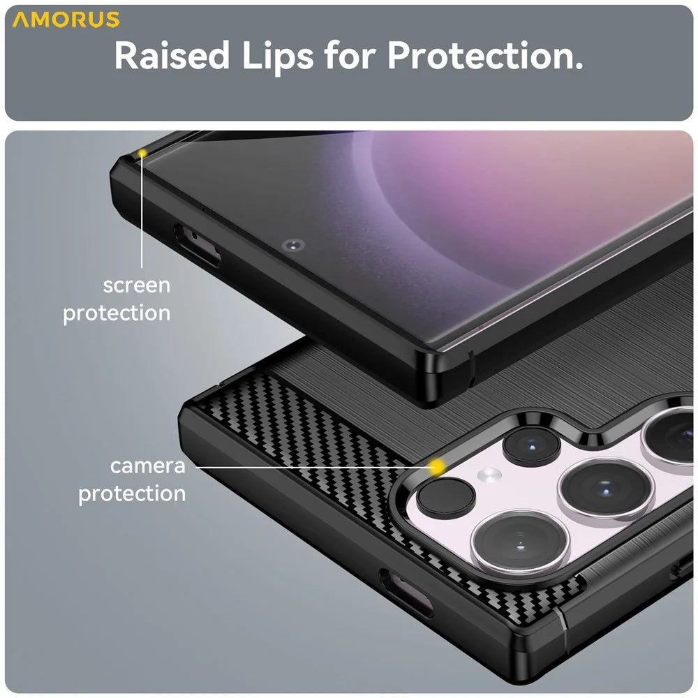 AMORUS For Samsung Galaxy S24 Ultra Case Carbon Fiber Texture Brushed Protective Phone Cover - Black - 5