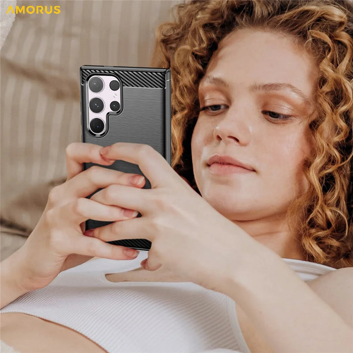 AMORUS For Samsung Galaxy S24 Ultra Case Carbon Fiber Texture Brushed Protective Phone Cover - Black - 6