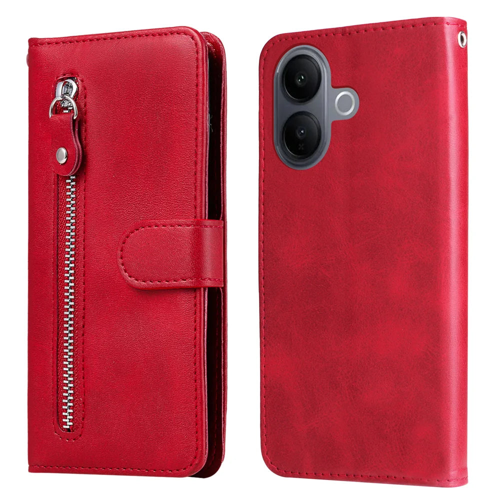 For vivo V60 Lite 5G PU Leather Cases with Zipper Pocket Wallet Phone Cover Stand - Red - 1