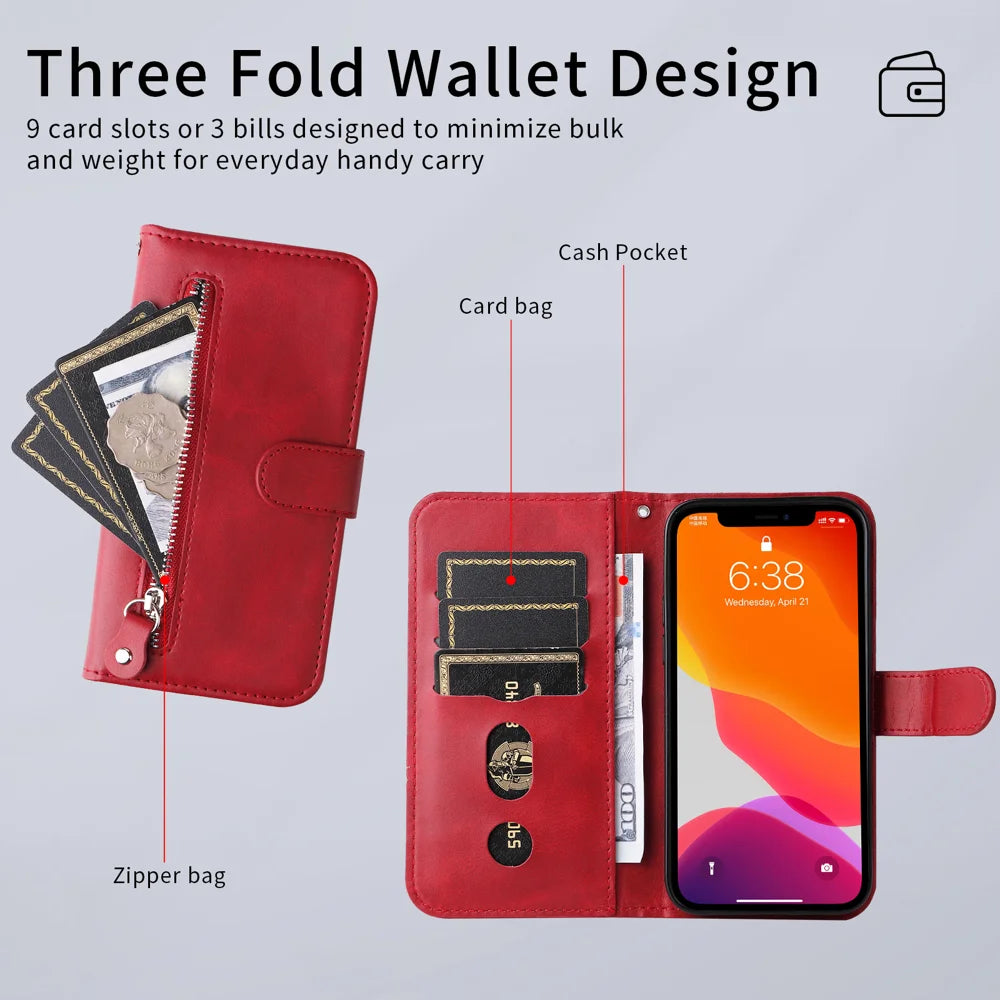 For vivo V60 Lite 5G PU Leather Cases with Zipper Pocket Wallet Phone Cover Stand - Red - 7