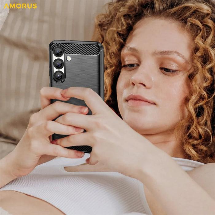 AMORUS For Samsung Galaxy S25  /  S24 Case Carbon Fiber Texture Brushed Protective Phone Cover - Black - 6