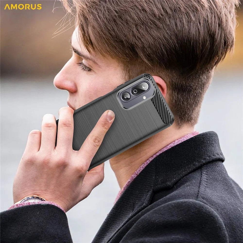 AMORUS Back Case For Samsung Galaxy F36 5G  /  M36 5G  /  F16 5G  /  M16 5G Carbon Fiber Texture Brushed Protective Phone Cover - Black - 6