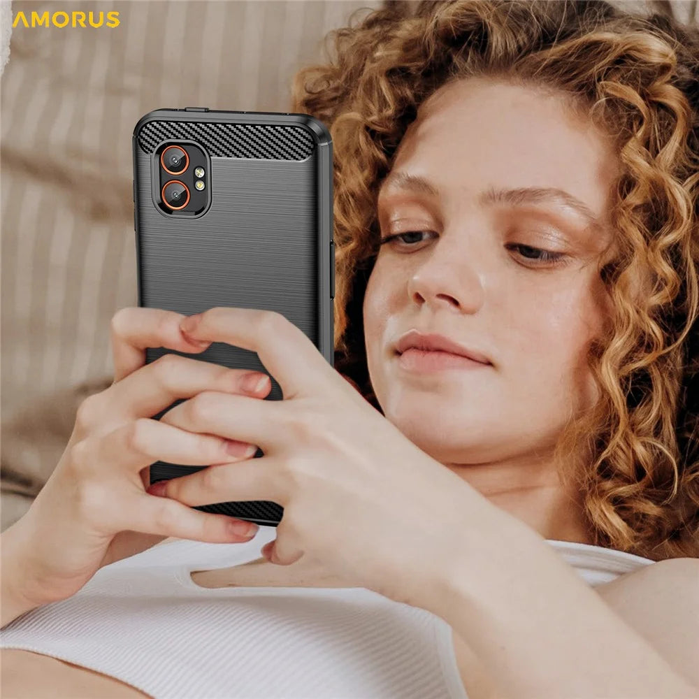 AMORUS For Samsung Galaxy XCover7 Pro Case Carbon Fiber Texture Brushed Protective Phone Cover - Black - 6