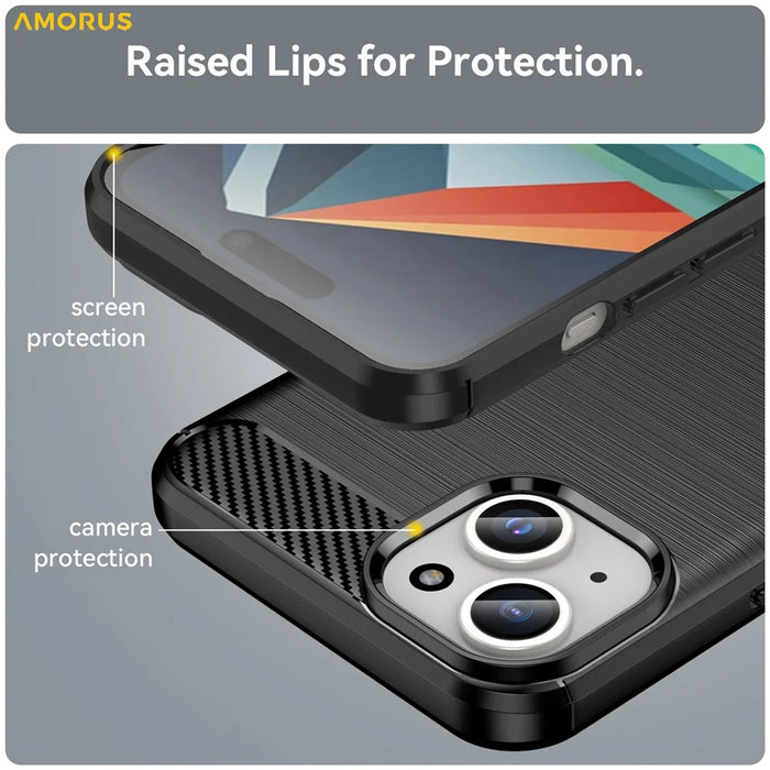 AMORUS For iPhone 15 Plus Case Carbon Fiber Texture Brushed Protective Phone Cover - Black - 5