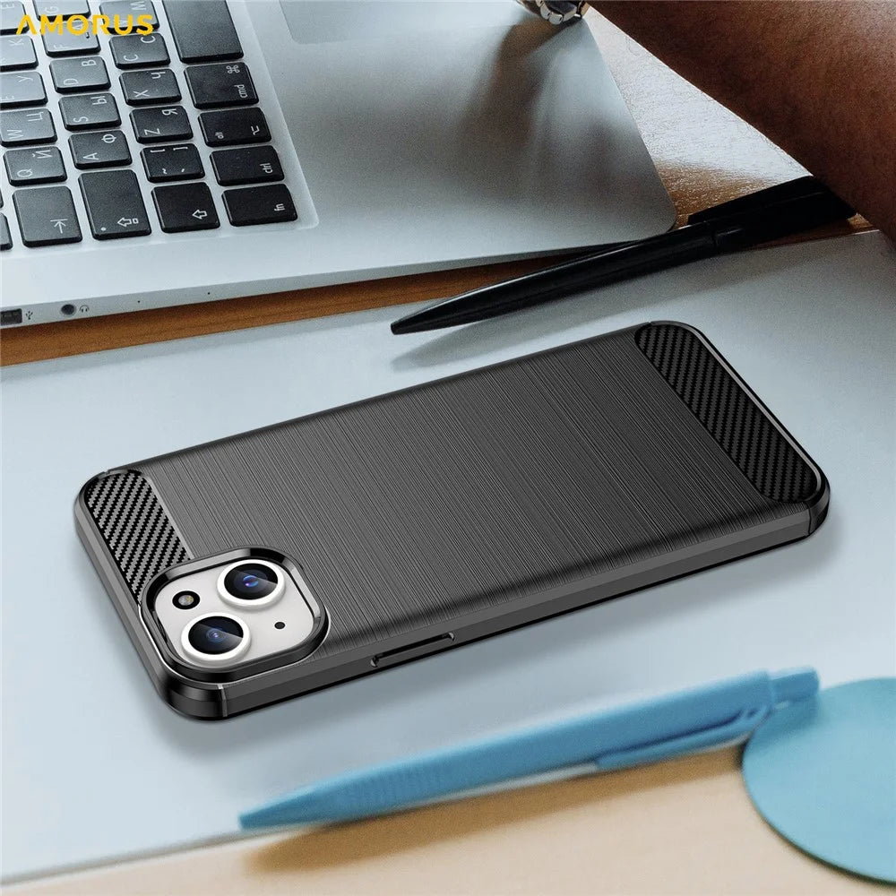 AMORUS For iPhone 15 Plus Case Carbon Fiber Texture Brushed Protective Phone Cover - Black - 6