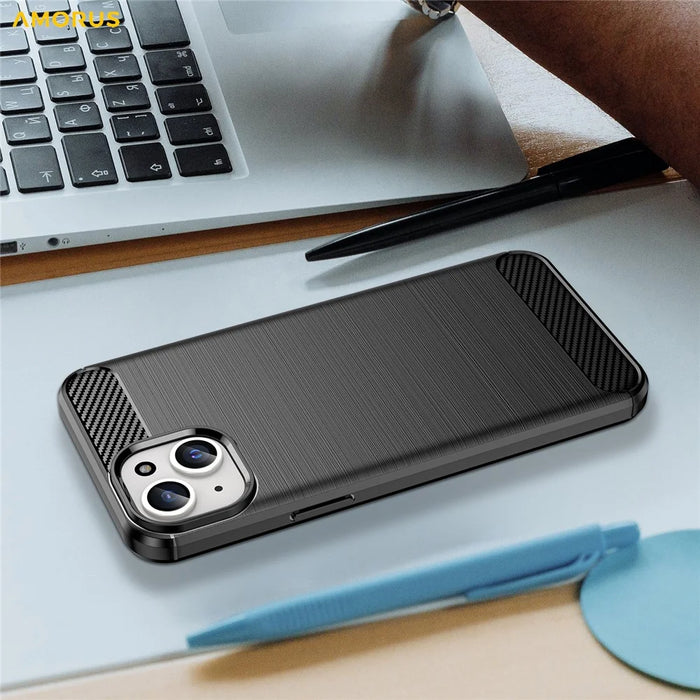 AMORUS For iPhone 15 Plus Case Carbon Fiber Texture Brushed Protective Phone Cover - Black - 6