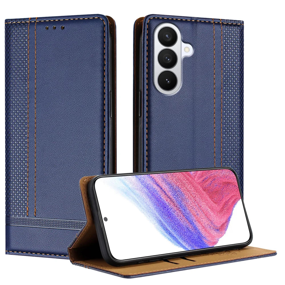 For Samsung Galaxy S26 Case L-Shaped Grid Pattern Leather Stand Phone Cover with Card Slots - Blue - 1