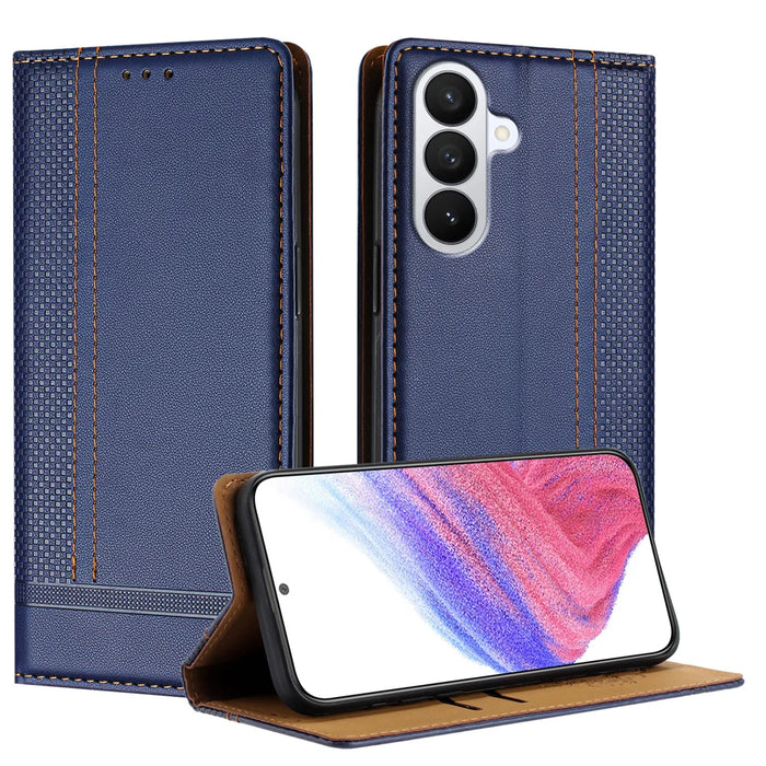 For Samsung Galaxy S26 Case L-Shaped Grid Pattern Leather Stand Phone Cover with Card Slots - Blue - 1