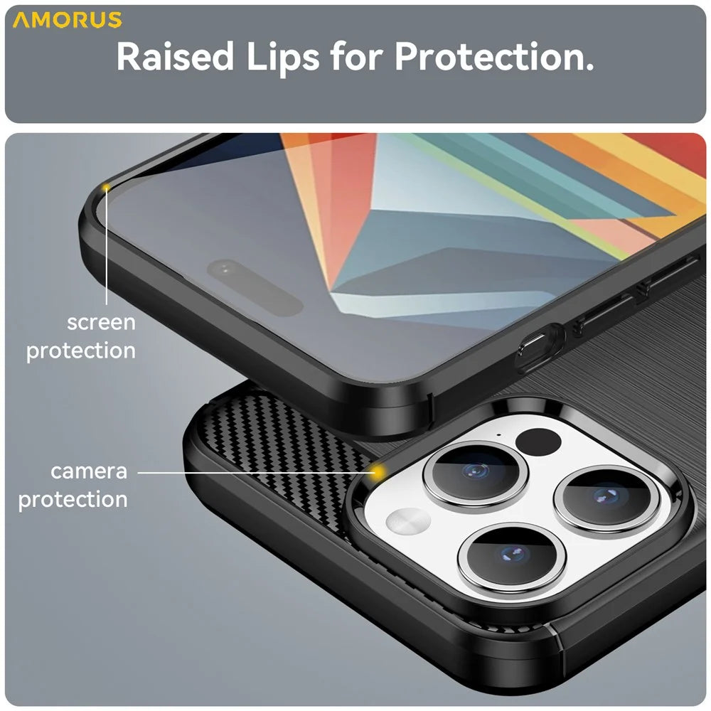 AMORUS For iPhone 15 Pro Max Case Carbon Fiber Texture Brushed Protective Phone Cover - Black - 5