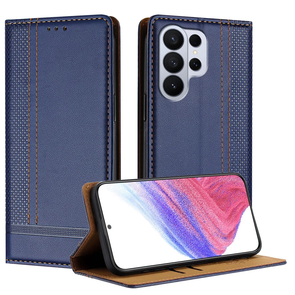 For Samsung Galaxy S26 Ultra Case L-Shaped Grid Pattern Leather Stand Phone Cover with Card Slots - Blue - 1