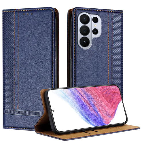For Samsung Galaxy S26 Ultra Case L-Shaped Grid Pattern Leather Stand Phone Cover with Card Slots - Blue - 1