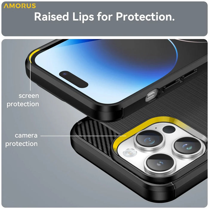 AMORUS For iPhone 14 Pro Max Case Carbon Fiber Texture Brushed Protective Phone Cover - Black - 5