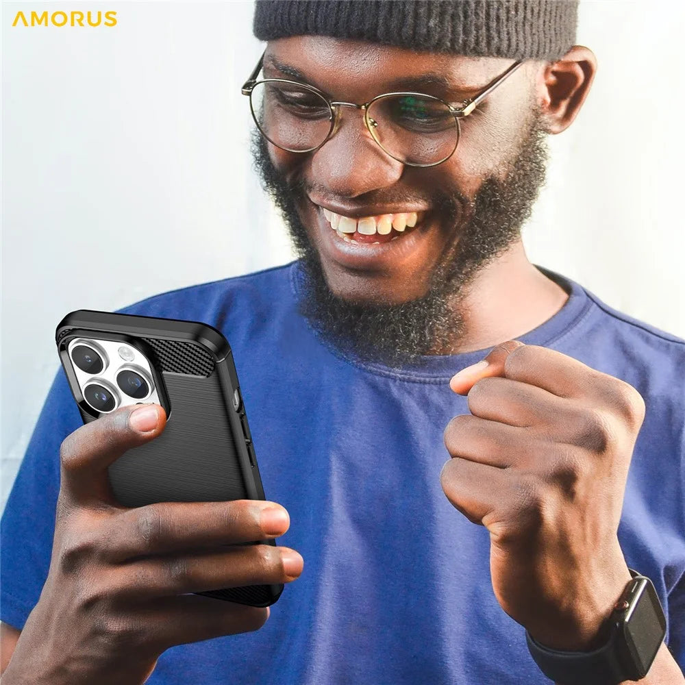 AMORUS For iPhone 14 Pro Case Carbon Fiber Texture Brushed Protective Phone Cover - Black - 6