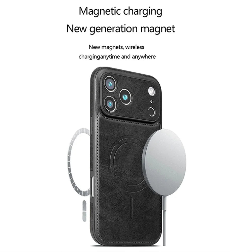 For iPhone 17 Pro Phone Case Compatible with MagSafe PC PU Leather Back Cover - Black - 2