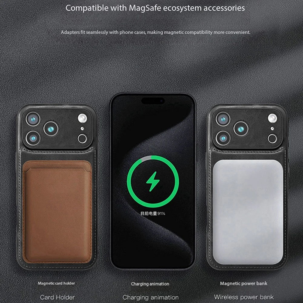 For iPhone 17 Pro Phone Case Compatible with MagSafe PC PU Leather Back Cover - Black - 3