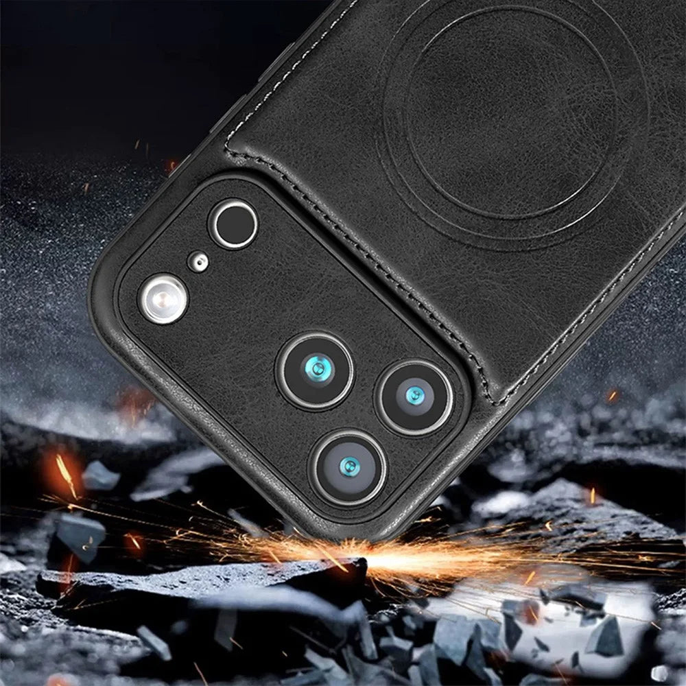 For iPhone 17 Pro Phone Case Compatible with MagSafe PC PU Leather Back Cover - Black - 4