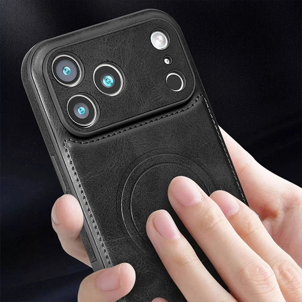 For iPhone 17 Pro Phone Case Compatible with MagSafe PC PU Leather Back Cover - Black - 5