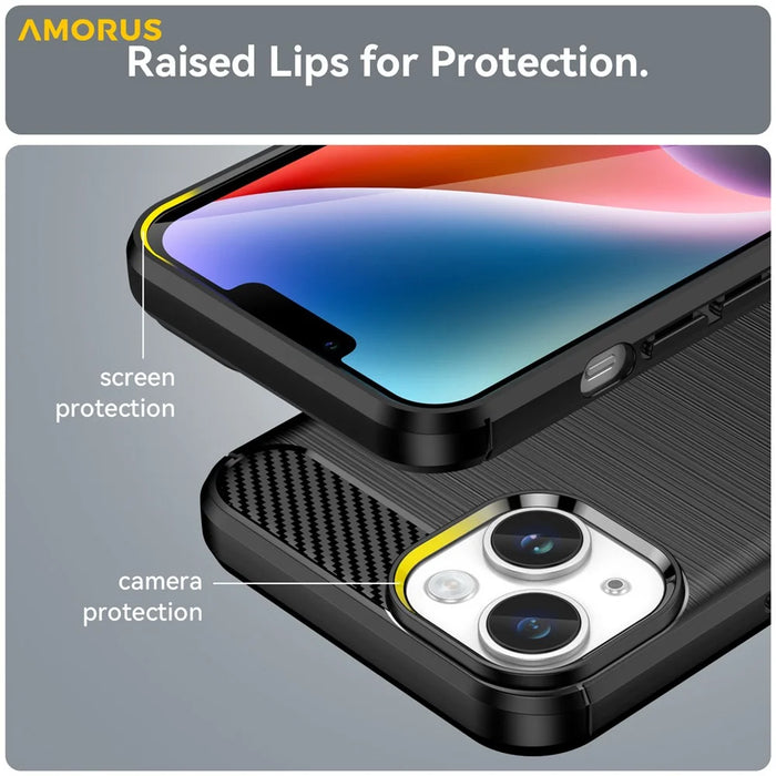 AMORUS For iPhone 14 Plus Case Carbon Fiber Texture Brushed Protective Phone Cover - Black - 6