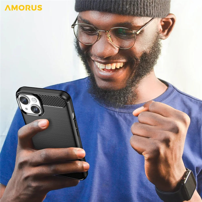 AMORUS For iPhone 14 Plus Case Carbon Fiber Texture Brushed Protective Phone Cover - Black - 7