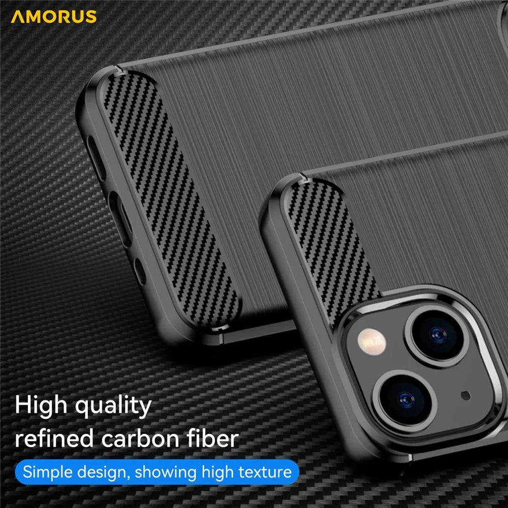 AMORUS For iPhone 13 Case Carbon Fiber Texture Brushed Protective Phone Cover - Black - 4