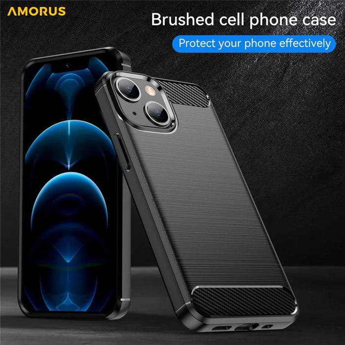 AMORUS For iPhone 13 Case Carbon Fiber Texture Brushed Protective Phone Cover - Black - 7